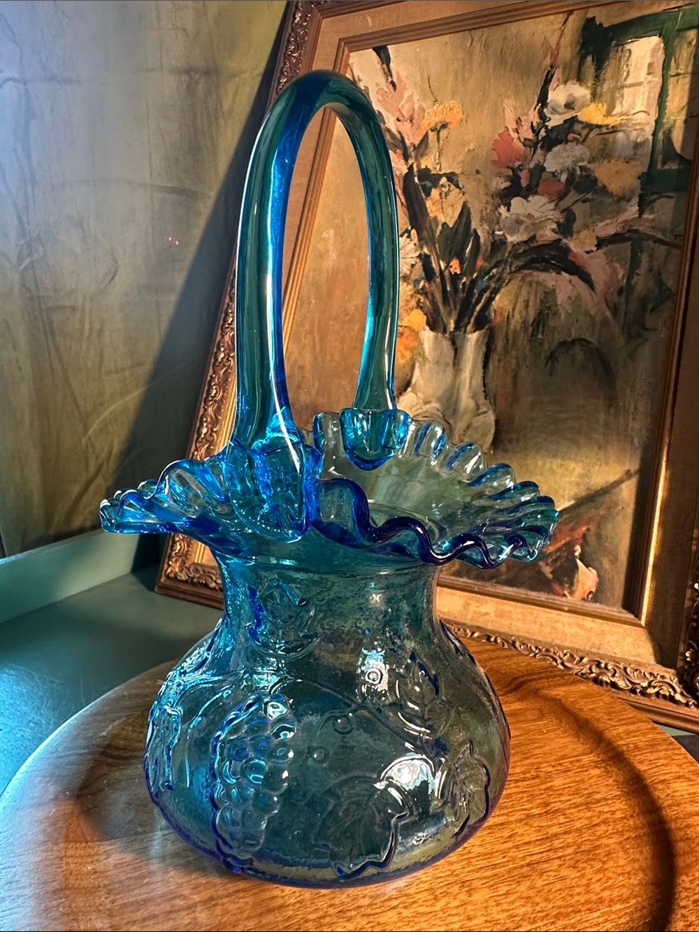 Vintage KANAWHA Glass Basket Brilliant Blue Grape Vine 1970's